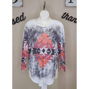 Luna Chic Oversized Gray Soft Long Sleeve Aztec Pattern Lightweight Sweater Sz L